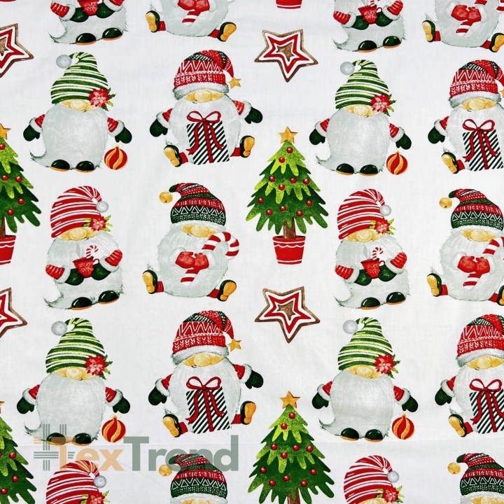 Baumwolle 100% Weihnachtsmuster große Wichtel auf weißem Hintergrund  