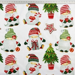 Baumwolle 100% Weihnachtsmuster große Wichtel auf weißem Hintergrund  