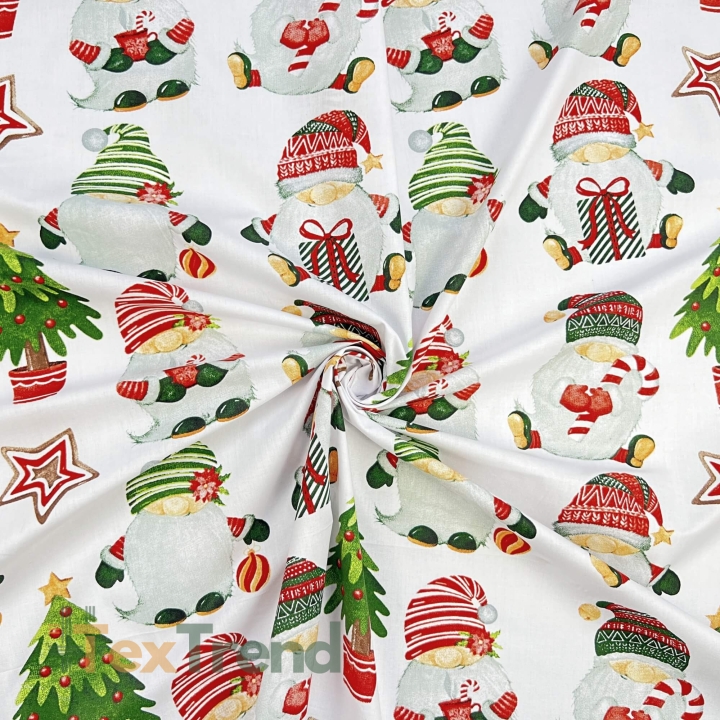 Baumwolle 100% Weihnachtsmuster große Wichtel auf weißem Hintergrund  