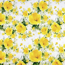 100% Baumwolle mit gelben Blumen auf weißem Hintergrund  