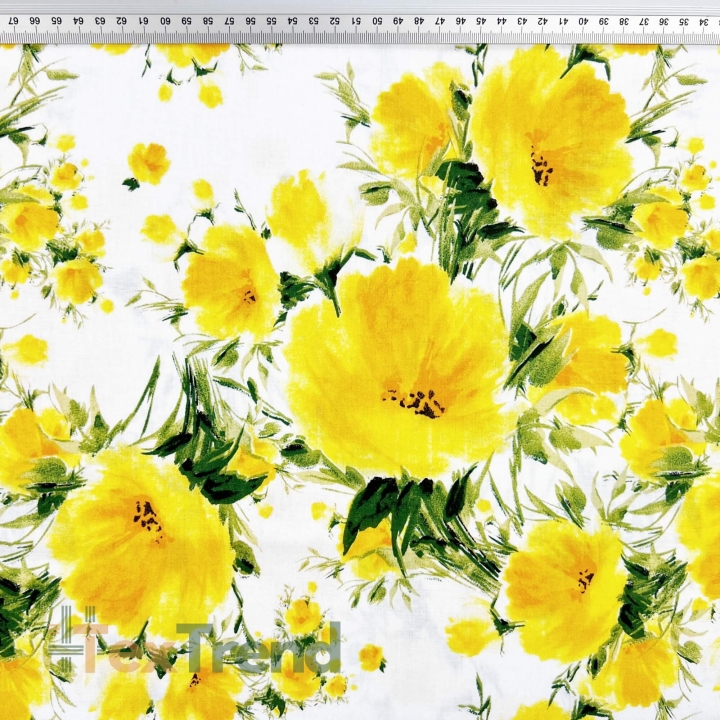 100% Baumwolle mit gelben Blumen auf weißem Hintergrund  