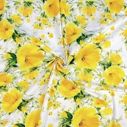 100% Baumwolle mit gelben Blumen auf weißem Hintergrund  