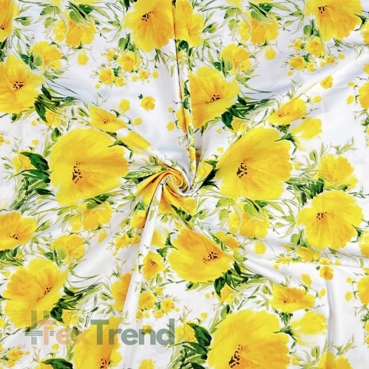 100% Baumwolle mit gelben Blumen auf weißem Hintergrund  