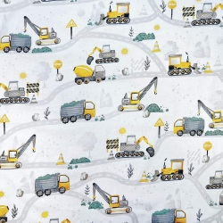 Baumwolle 100% Straßenbau gelb-grau auf weißem Hintergrund  