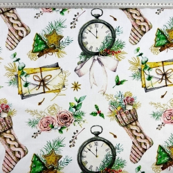 Baumwolle 100% Weihnachtsmuster Neujahrsuhren mit Rosen auf weißem Hintergrund  