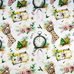 Baumwolle 100% Weihnachtsmuster Neujahrsuhren mit Rosen auf weißem Hintergrund  