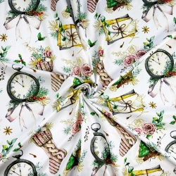 Baumwolle 100% Weihnachtsmuster Neujahrsuhren mit Rosen auf weißem Hintergrund  