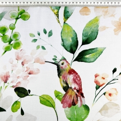 Baumwolle 100% Pfingstrosen mit Kolibris auf weißem Hintergrund - 220cm  