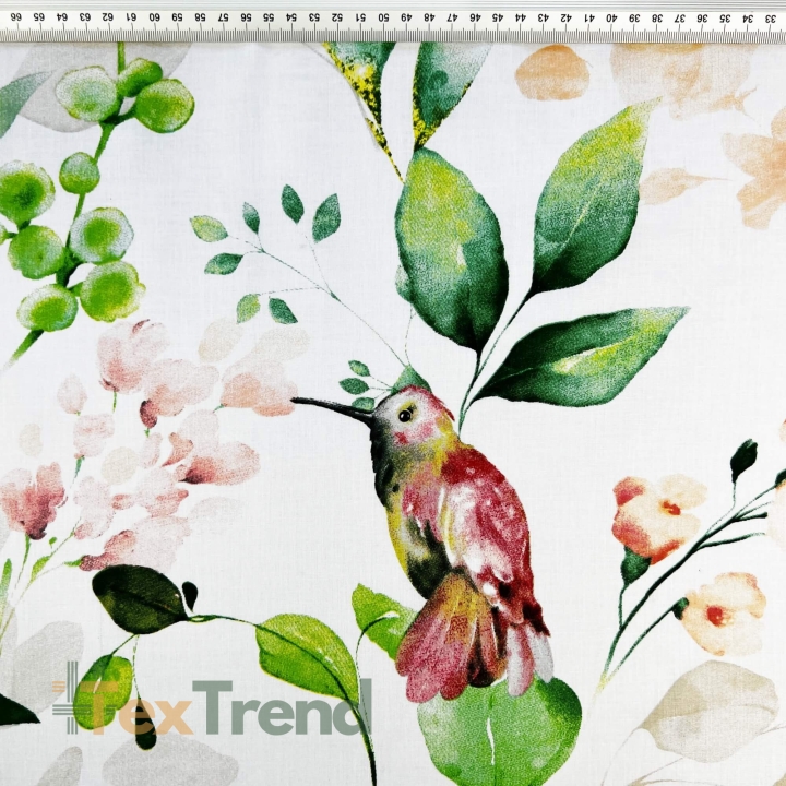 Baumwolle 100% Pfingstrosen mit Kolibris auf weißem Hintergrund - 220cm  