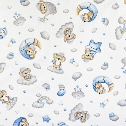 Baumwolle 100% schlafende Koalabären auf Wolken und Monden grau-blau  