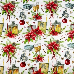 Baumwolle 100% Weihnachtsmuster Laternen mit Weihnachtsstern auf weißem Hintergrund  