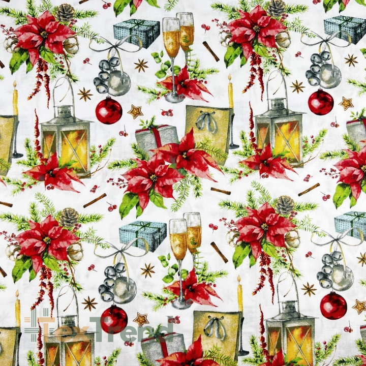 Baumwolle 100% Weihnachtsmuster Laternen mit Weihnachtsstern auf weißem Hintergrund  