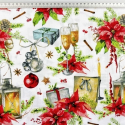 Baumwolle 100% Weihnachtsmuster Laternen mit Weihnachtsstern auf weißem Hintergrund  