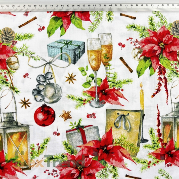 Baumwolle 100% Weihnachtsmuster Laternen mit Weihnachtsstern auf weißem Hintergrund  