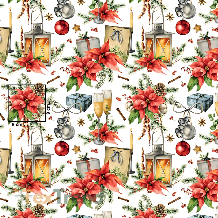 Baumwolle 100% Weihnachtsmuster Laternen mit Weihnachtsstern auf weißem Hintergrund  