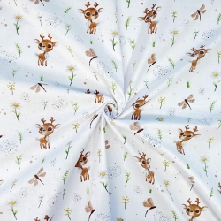 Baumwolle 100% Rentiere mit Kamille auf weißem Hintergrund  