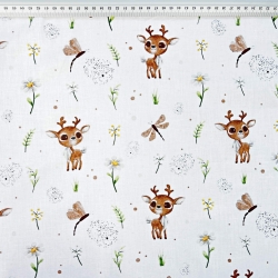 Baumwolle 100% Rentiere mit Kamille auf weißem Hintergrund  