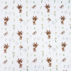 Baumwolle 100% Rentiere mit Kamille auf weißem Hintergrund  