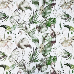 Baumwolle 100% Flamingos beige in olivgrünen Blättern - 220cm  