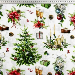 Baumwolle 100% Weihnachtsmuster Tannenbäume mit Gläsern auf weißem Hintergrund  