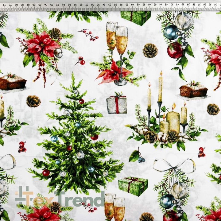 Baumwolle 100% Weihnachtsmuster Tannenbäume mit Gläsern auf weißem Hintergrund  
