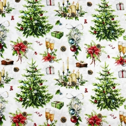 Baumwolle 100% Weihnachtsmuster Tannenbäume mit Gläsern auf weißem Hintergrund  