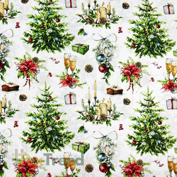 Baumwolle 100% Weihnachtsmuster Tannenbäume mit Gläsern auf weißem Hintergrund  