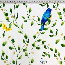 Baumwolle 100% Blumen-Zweige mit Vögeln und Schmetterlingen auf weißem Hintergrund - 220cm  