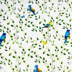 Baumwolle 100% Blumen-Zweige mit Vögeln und Schmetterlingen auf weißem Hintergrund - 220cm  