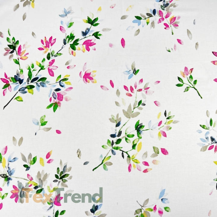 100% Baumwolle mit bunten Zweigen und Blumen auf weißem Hintergrund  