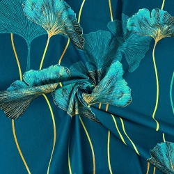 Baumwolle 100% Ginkgo-Blätter türkis auf türkisfarbenem Hintergrund  