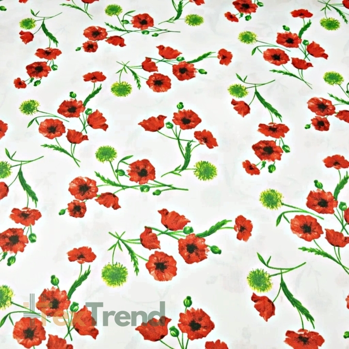 Baumwolle 100% Mohnblumen und Disteln auf weißem Hintergrund - 220cm  