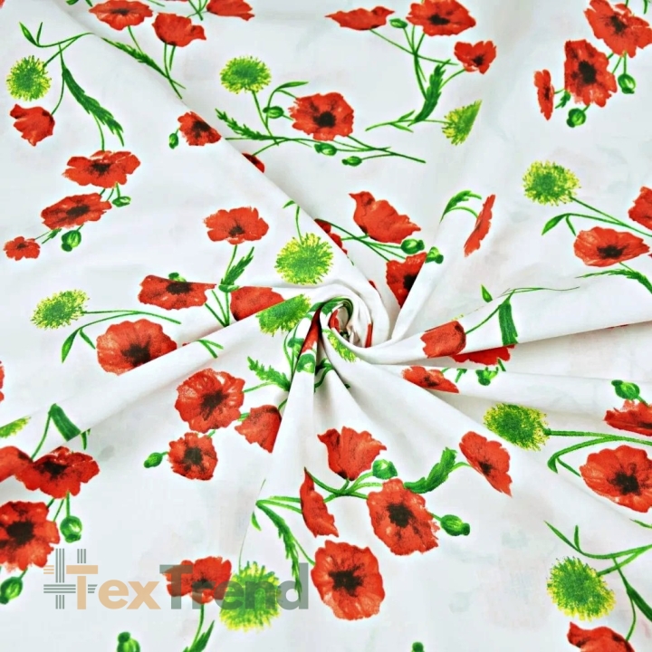 Baumwolle 100% Mohnblumen und Disteln auf weißem Hintergrund - 220cm  