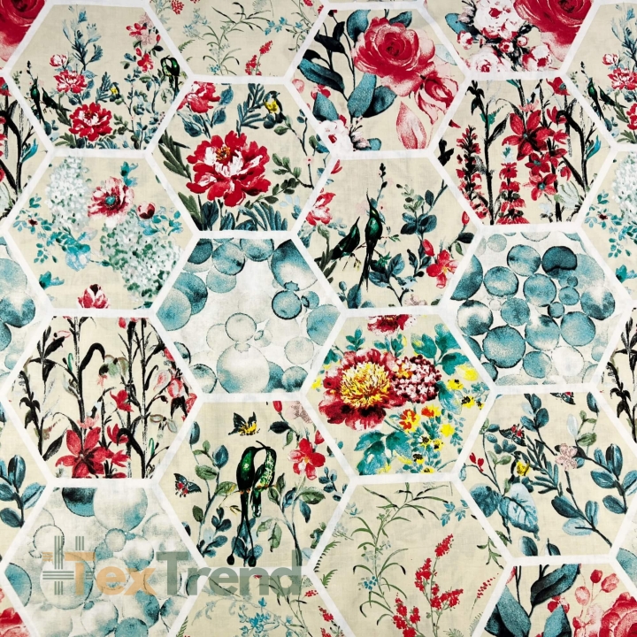 100% Baumwolle Patchwork mit bunten Blumen auf ecrufarbenem Hintergrund - 220cm  