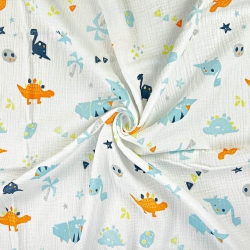 Musselin Double Gauze bedruckt mit orange-türkisen Dinosauriern und Palmen  