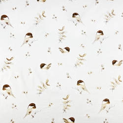 100% Baumwolle mit braunen Spatzen und Zweigen auf weißem Hintergrund  