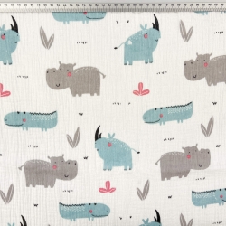 Musselin Double Gauze bedruckt mit Nashörnern und Nilpferden  