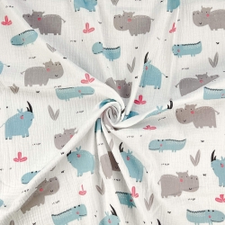 Musselin Double Gauze bedruckt mit Nashörnern und Nilpferden  