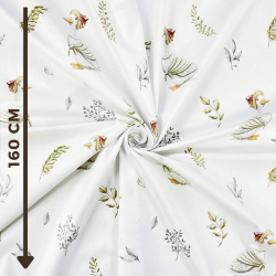 100% Baumwolle mit grauen Gänsen und Zweigen auf weißem Hintergrund  