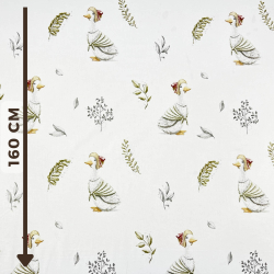 100% Baumwolle mit grauen Gänsen und Zweigen auf weißem Hintergrund  