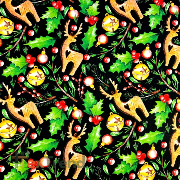 Baumwolle 100% Weihnachtsmuster mit Stechpalme auf schwarzem Hintergrund  