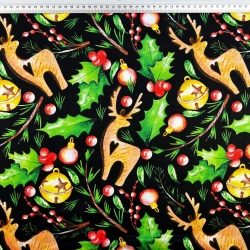 Baumwolle 100% Weihnachtsmuster mit Stechpalme auf schwarzem Hintergrund  