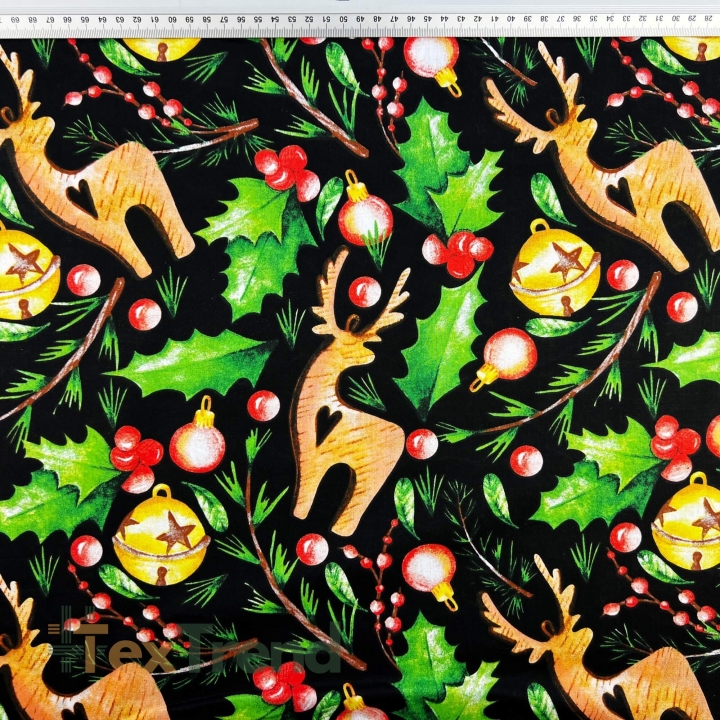 Baumwolle 100% Weihnachtsmuster mit Stechpalme auf schwarzem Hintergrund  