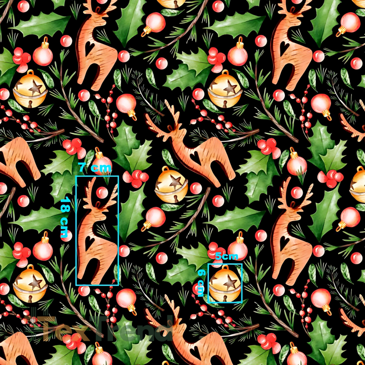 Baumwolle 100% Weihnachtsmuster mit Stechpalme auf schwarzem Hintergrund  