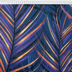 Baumwolle 100% orange-lila Blätter auf dunkelblauem Hintergrund - 220cm  