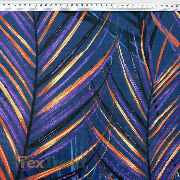 Baumwolle 100% orange-lila Blätter auf dunkelblauem Hintergrund - 220cm  