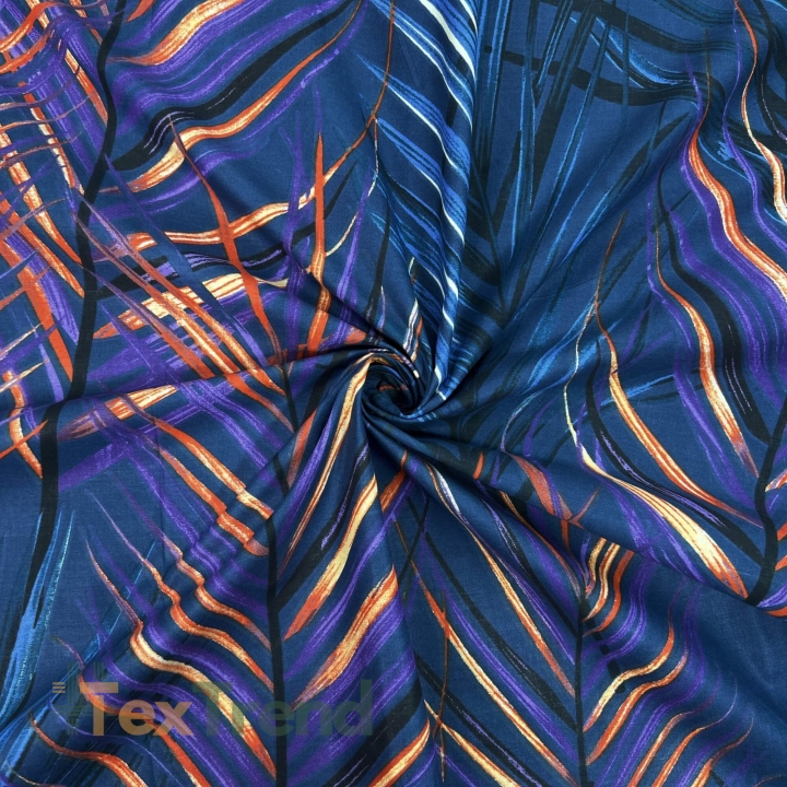 Baumwolle 100% orange-lila Blätter auf dunkelblauem Hintergrund - 220cm  