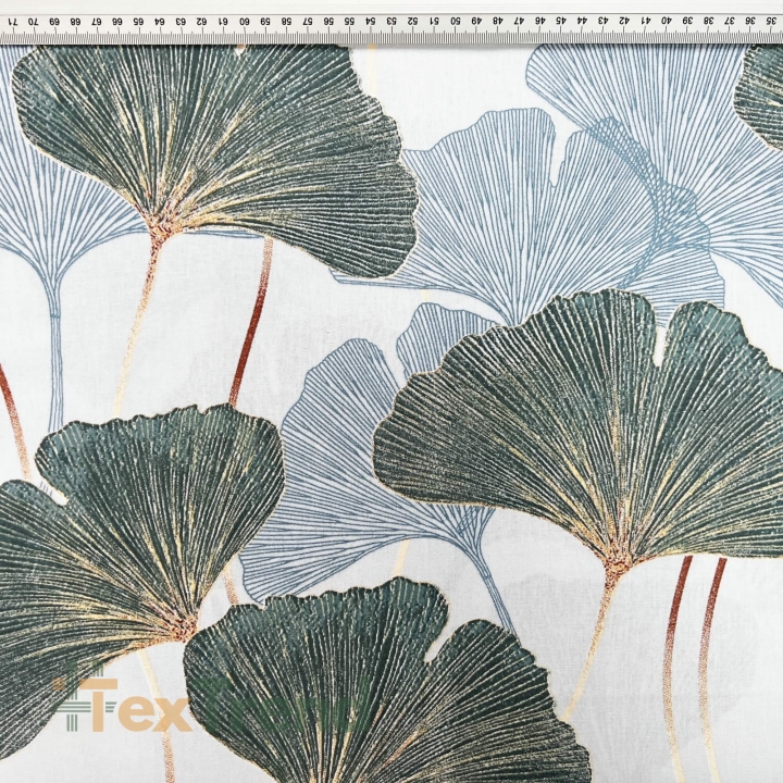 Baumwolle 100% Ginkgo-Blätter salbeigrün auf hellgrauem Hintergrund  