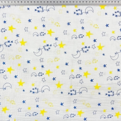 Musselin Double Gauze bedruckt mit Sternbildern in blau-gelb  