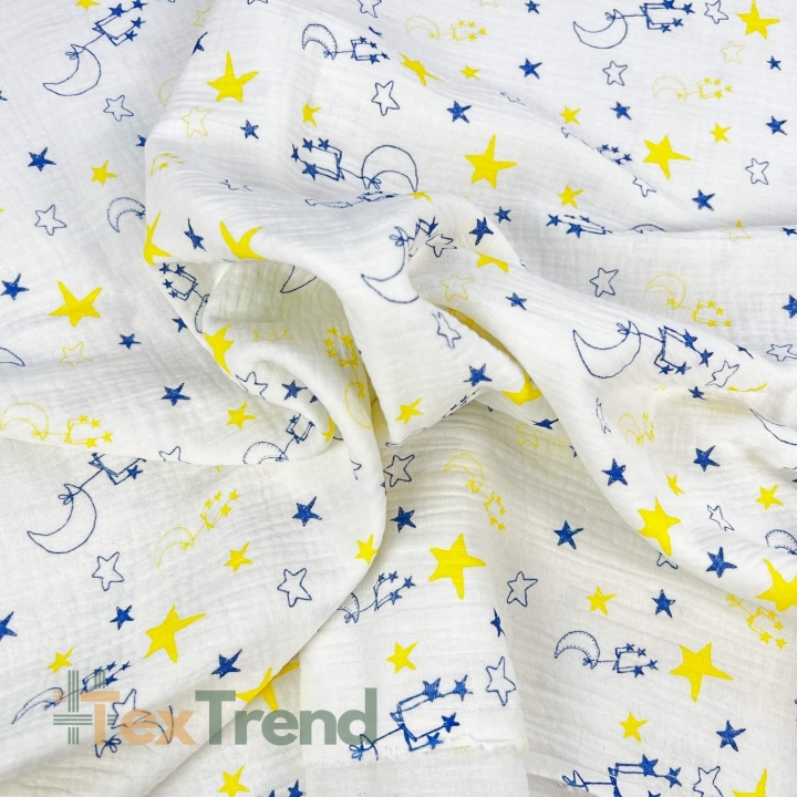 Musselin Double Gauze bedruckt mit Sternbildern in blau-gelb  